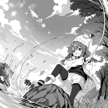 1girl :d animal_ear_headwear animal_ears beanie black_pantyhose black_shirt blue_archive blush boots braid bright_pupils commentary day dutch_angle fake_animal_ears fish fishing fishing_rod floating_hair foot_out_of_frame grass greyscale halo happy hat highres holding holding_fishing_rod jacket lace-up_boots long_hair long_sleeves maki_(blue_archive) maki_(camp)_(blue_archive) monochrome mutsuse official_alternate_costume official_alternate_hairstyle open_clothes open_jacket open_mouth outdoors pantyhose puffy_long_sleeves puffy_sleeves river shirt shorts sky smile solo sparkle standing twin_braids v-shaped_eyebrows water water_drop white_jacket white_pupils white_shorts