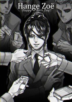 1other absurdres black_necktie character_name cigarette collared_shirt eyepatch glasses greyscale hange_zoe happy_birthday highres holding holding_lighter holding_matchbox jacket light_smile lighter matchbook medium_hair military_jacket military_uniform monochrome mskei multiple_boys necktie parted_lips ponytail shingeki_no_kyojin shirt smoking unlit_cigarette_in_mouth upper_body white_shirt
