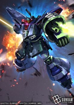 arm_cannon arm_mounted_weapon commentary_request copyright_logo copyright_name copyright_notice dreissen energy_sword explosion firing glowing glowing_eye gundam gundam_card_game gundam_unicorn holding holding_sword holding_weapon kenko_(a143016) logo mecha mobile_suit neo_zeon no_humans official_art one-eyed pink_eyes robot science_fiction solo space sword thrusters weapon