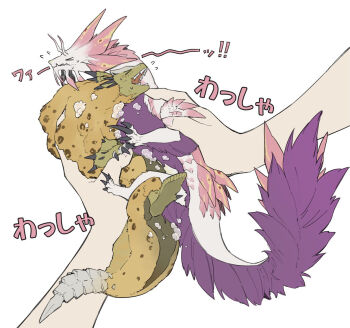 Rule 34 | > <, 1other, claws, commentary request, fins, flying sweatdrops, head fins, mizutsune, monster, monster focus, monster hunter (series), open mouth, out of frame, purple fur, royal ludroth, simple background, soap bubbles, sweat, tail, taneimo drop, translation request, undersized animal, white background