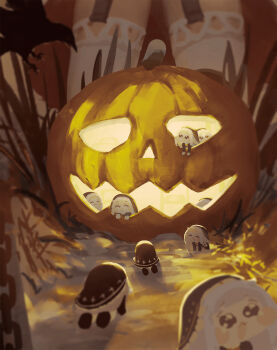 Rule 34 | 6+girls, :3, ^ ^, all fours, bird, blurry, blurry foreground, blush stickers, chibi, clone, closed eyes, coif, commentary request, crow, garter straps, glowing, grass, highres, jack-o'-lantern, looking outside, mini person, minigirl, multiple girls, no lineart, pleading eyes, sol3ssus, speaki (trickcal), tearing up, trickcal