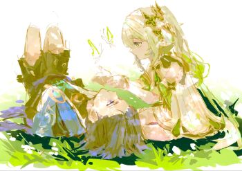 1boy 1girl armlet arms_at_sides black_bodysuit black_bridal_gauntlets black_hair black_shorts blue_cape blue_eyes blue_gem bodysuit bridal_gauntlets bug butterfly cape closed_mouth commentary_request cross-shaped_pupils detached_sleeves dress eyelashes eyeliner gem genshin_impact gold grass green_cape green_eyes green_hair green_sleeves hair_pulled_back hakama hakama_shorts hands_up highres innagaja insect japanese_clothes jewelry kimono knees_up korean_commentary long_hair looking_at_another lying makeup multicolored_hair nahida_(genshin_impact) on_back open_clothes open_hands open_kimono outdoors parted_lips pleated_shorts pointy_ears red_eyeliner scaramouche_(genshin_impact) shorts side_cape side_ponytail sidelocks sitting sketch streaked_hair symbol-shaped_pupils tsurime wanderer_(genshin_impact) white_background white_dress white_hair white_kimono yokozuwari
