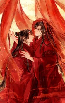 2boys aki_uzuzame alternate_costume bishounen black_hair bridal_veil chinese_clothes chinese_wedding closed_mouth commentary_request couple curtains dress eye_contact from_side grey_eyes hand_up hanfu headband highres holding holding_ribbon honggaitou hug husband_and_husband lan_wangji light_particles long_hair long_sleeves looking_at_another male_focus modao_zushi multiple_boys ponytail profile red_hanfu red_headband red_ribbon red_theme red_veil ribbon robe sidelocks sitting sitting_on_lap sitting_on_person smile smoke topknot twitter_username upper_body veil very_long_hair watermark wedding_dress wei_wuxian wide_sleeves yaoi yellow_eyes