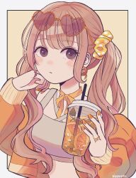 Rule 34 | 1girl, black eyes, border, cup, drinking straw, earrings, eyewear on head, glasses, hand on own chin, heart, heart-shaped eyewear, highres, holding, holding cup, jacket, jewelry, looking at viewer, minacoco3755, open clothes, open jacket, orange background, orange hair, orange jacket, orange nails, orange ribbon, orange theme, original, outside border, ribbon, ring, signature, solo, tank top, twintails, upper body, white border