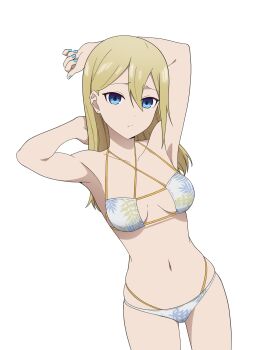 1girl absurdres arms_up blonde_hair blue_eyes blue_nails breasts coro_fae hayasaka_ai highres kaguya-sama_wa_kokurasetai_~tensai-tachi_no_renai_zunousen~ leaf_print long_hair navel simple_background small_breasts solo white_background