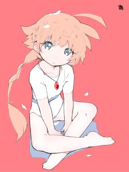 1girl ahiru_(princess_tutu) blue_eyes commentary_request expressionless flat_chest full_body highres jewelry kinomoto_(nazonoinu) leotard long_hair looking_at_viewer low_ponytail necklace orange_hair pendant ponytail princess_tutu simple_background sitting sketch solo