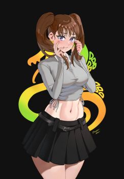 1girl blush breasts brown_hair crop_top dark_background diane_(nanatsu_no_taizai) emmettart highres large_breasts long_sleeves looking_at_viewer miniskirt nanatsu_no_taizai purple_eyes skirt twintails