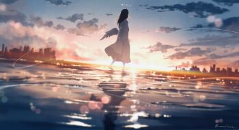1girl angel angel_wings bani-lizo blue_sky building cityscape cloud dress halo hashtag-only_commentary highres long_hair original red_hair scenery sky skyscraper solo sunset walking walking_on_liquid white_dress white_wings wings