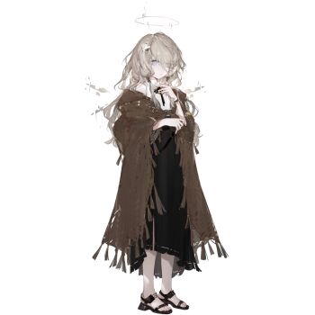 1girl arknights black_skirt blue_eyes bracelet brown_cloak brown_hair cecelia_(arknights) child chuzenji cloak closed_mouth detached_wings energy_wings expressionless eyes_visible_through_hair flower full_body glitched_halo hair_flower hair_ornament hair_over_one_eye halo jewelry long_hair long_skirt low-tied_sidelocks official_art sandals shirt sidelocks simple_background skirt sleeveless sleeveless_shirt solo standing tachi-e tassel third-party_source transparent_background wavy_hair white_flower white_shirt wings