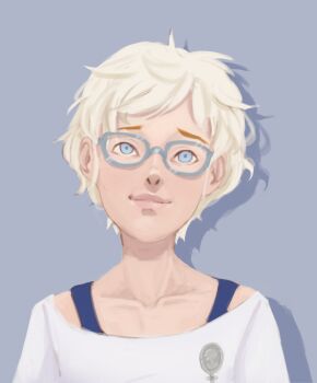 Rule 34 | 1girl, blue-framed eyewear, blue background, blue eyes, brooch, closed mouth, collarbone, highres, inchoative0, jewelry, kyokugen dasshutsu, lips, mismatched eyebrows, nostrils, phi (kyokugen dasshutsu), portrait, shadow, shirt, short hair, simple background, solo, very short hair, white hair, white shirt, zero escape: toki no dilemma