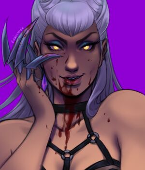 1girl absurdres bare_shoulders blood blood_from_mouth blood_from_neck blood_on_face demon_girl evelynn_(league_of_legends) glowing glowing_eyes hand_on_own_face highres k/da_(league_of_legends) k/da_all_out_evelynn league_of_legends long_hair looking_at_viewer malevolent_lxix purple_background slit_pupils solo yellow_eyes
