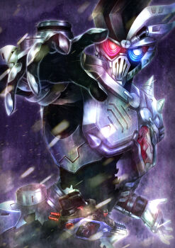 Rule 34 | 1boy, armor, black bodysuit, blue eyes, bodysuit, cowboy shot, dangerous zombie level x, foreshortening, gashat, gloves, glowing, glowing eyes, heterochromia, irisu haniwa, kamen rider, kamen rider ex-aid (series), kamen rider genm, looking at viewer, male focus, open hands, outstretched arms, purple background, red eyes, rider gashat, shoulder spikes, spikes, tokusatsu, upper body, vambraces, villain pose, white armor, white gloves, zombie, zombie pose