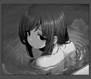 1girl hamsterfragment looking_at_viewer looking_back lowres monochrome no_nose nude original sad solo shinohata_sachie_(hamsterfragment) water