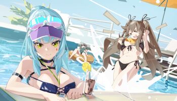 >_< 3girls absurdres between_breasts bikini black_bikini boqee breasts closed_mouth commentary cup drink drinking_straw eyewear_on_head facial_mark food front-tie_bikini_top front-tie_top fruit g11_(girls'_frontline) girls'_frontline girls'_frontline_2:_exilium hat highres hk416_(girls'_frontline) innertube klukai_(cerulean_breaker)_(girls'_frontline_2) klukai_(girls'_frontline_2) lemon lemon_slice lenna_(girls'_frontline_2) looking_at_viewer mechty_(girls'_frontline_2) multiple_girls official_alternate_costume open_mouth partially_submerged pool purple_hat sailor_collar side-tie_bikini_bottom sleep_mask smile splashing swim_ring swimsuit tattoo teardrop_facial_mark teardrop_tattoo teeth ump9_(girls'_frontline) upper_teeth_only visor_cap yellow_sailor_collar