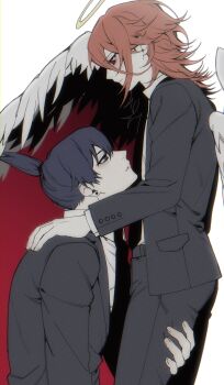 Rule 34 | 2boys, absurdres, angel devil (chainsaw man), angel wings, black hair, black jacket, black necktie, black pants, black suit, chainsaw man, collared shirt, commentary request, e96l2, earrings, formal clothes, hair between eyes, halo, hand on another's shoulder, hayakawa aki, highres, jacket, jewelry, korean commentary, long hair, male focus, medium hair, multiple boys, necktie, pants, ponytail, red background, red eyes, shirt, short ponytail, suit, suit jacket, upper body, white background, white shirt, white wings, wings, yaoi