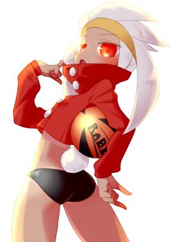 1girl ass ball bikini bikini_bottom_only black_bikini blush commentary_request cropped_jacket from_behind gen_8_pokemon high_collar highres holding holding_ball jacket long_hair looking_at_viewer looking_back neck_o nintendo open_mouth personification pokemon rabbit_tail raboot red_eyes red_jacket simple_background solo swimsuit tail tan tanline white_background white_hair