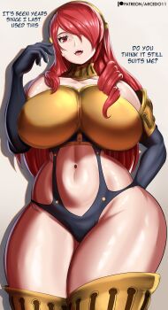 1girl absurdres arcedo bare_shoulders breasts curvy elbow_gloves female_focus gloves hair_over_one_eye highres huge_breasts kirijou_mitsuru long_hair looking_at_viewer matching_hair/eyes navel persona persona_3 red_eyes red_hair solo thick_thighs thighhighs thighs wide_hips