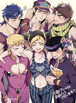 1girl 5boys arm_around_shoulder battle_tendency blonde_hair blue_hair braid cone_hair_bun diamond_wa_kudakenai giorno_giovanna green_scarf hair_bun happy higashikata_josuke highres jacket jojo_no_kimyou_na_bouken jonathan_joestar joseph_joestar joseph_joestar_(young) kuujou_jolyne kuujou_joutarou midriff morino_peko multiple_boys navel open_mouth pectoral_cleavage pectorals phantom_blood pompadour purple_hair purple_jacket scarf short_hair stone_ocean striped_clothes striped_scarf sweatdrop vento_aureo