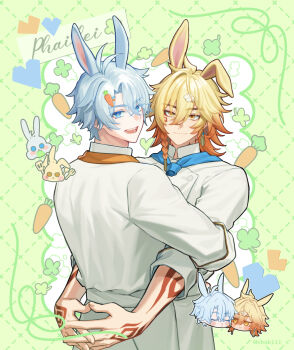 Rule 34 | 2boys, alternate costume, animal ears, antenna hair, arm tattoo, blonde hair, blue eyes, braid, chef, chibi, coat, commentary request, facial tattoo, gradient hair, hair ornament, hairpin, honkai: star rail, honkai (series), korean commentary, male focus, medium hair, multicolored hair, multiple boys, mydei (honkai: star rail), neck tattoo, parted bangs, phainon (honkai: star rail), rabbit boy, rabbit ears, red hair, red tattoo, shokill, short hair, side braid, tattoo, twitter username, white coat, white hair, yaoi, yellow eyes