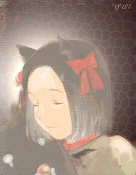 1girl acolyte_(ragnarok_online) black_hair bow brown_background brown_capelet capelet cat_girl closed_eyes closed_mouth commentary_request creature demon deviruchi forehead lowres ragnarok_online red_bow short_hair smile solo waya_(takaomi777)