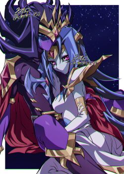 Rule 34 | 1boy, 1girl, absurdres, blue background, blue eyes, blue hair, border, brother and sister, cape, colored skin, commentary request, highres, kamishiro rio, kamishiro ryouga, knhrpnkt, purple eyes, purple skin, red cape, siblings, signature, twitter username, white border, yu-gi-oh!, yu-gi-oh! zexal