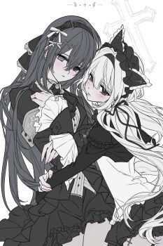 Rule 34 | animal ears, blush, dress, hair between eyes, hair ornament, hairband, highres, long hair, monochrome, multiple girls, white background