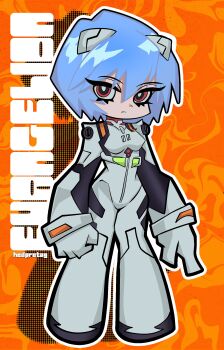 Rule 34 | 1girl, abstract background, absurdres, arms at sides, ayanami rei, blue hair, bodysuit, clenched hand, full body, hair between eyes, hedprotag, highres, interface headset (evangelion), looking at viewer, mecha pilot suit, neon genesis evangelion, orange background, outline, plugsuit (evangelion), red eyes, short hair, solo, thick outlines, vertical text, white bodysuit, white outline