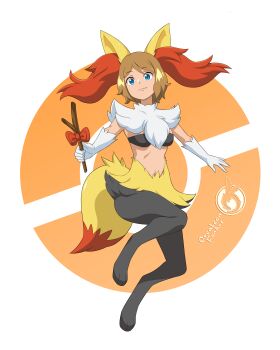 1girl absurdres animal_ears blue_eyes bow braixen breasts brown_hair fang gen_6_pokemon gloves highres holding holding_stick mixed-language_commentary monsterification nintendo orcaleon poke_ball_symbol pokemon pokemon_(anime) pokemon_xy_(anime) red_bow serena_(pokemon) short_hair small_breasts solo stick white_gloves
