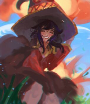 1girl black_cape black_hair blue_sky blush cape closed_eyes commentary dress english_commentary facing_viewer floating_hair grass hair_between_eyes hat highres kono_subarashii_sekai_ni_shukufuku_wo! long_sleeves megumin nosori outdoors red_dress sitting sky smile solo teeth wind witch_hat