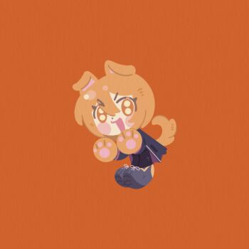 1girl animal_ears animal_hands black_coat black_pants black_shoes chibi coat dog_ears dog_girl dog_tail don_quixote_(project_moon) highres limbus_company looking_at_viewer open_mouth orange_background orange_eyes pants project_moon shoes simple_background smile solo tail yesheng_zong_ren