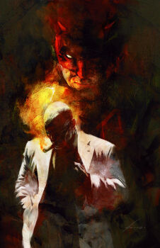 Rule 34 | 2boys, abstract background, absurdres, artist name, bald, bodysuit, commentary, commission, cowl, daredevil, double exposure, english commentary, fire, highres, holding, horned mask, kingpin (marvel), male focus, marvel, mask, matt murdock, multiple boys, overshirt, red background, red bodysuit, shirt, signature, smoke, smoking, smoking pipe, smoking pipe in mouth, superhero costume, superimposition, traditional media, viktor farro, western comics (style), white shirt