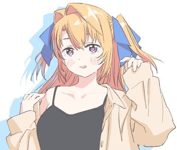 1girl black_camisole blonde_hair blue_ribbon blush camisole hair_ribbon highres kamiina_botan kamiina_botan_yoeru_sugata_wa_yuri_no_hana long_hair nazo_no_anime-dan parted_lips purple_eyes ribbon shadow shirt smile solo two_side_up upper_body white_background yellow_shirt