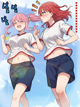 Rule 34 | 2girls, blue sky, blush, bocchi the rock!, breasts, cloud, cloudy sky, commentary request, day, feet out of frame, gotoh hitori, highres, kita ikuyo, large breasts, long hair, long sleeves, looking at viewer, medium breasts, multiple girls, navel, open mouth, outdoors, pink hair, red eyes, red hair, ryuhirohumi, shirt, shorts, sky, standing, sweat, teeth, upper teeth only, walking, white shirt