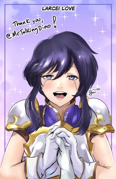 Rule 34 | 1girl, :d, armor, black hair, blush, breastplate, commission, commissioner upload, crying, crying with eyes open, english text, fire emblem, fire emblem: genealogy of the holy war, gloves, half-closed eyes, happy, highres, holding hands, kaen (yoltablaze), larcei (fire emblem), looking at viewer, nintendo, open mouth, pov, purple tunic, seliph (fire emblem), short hair, shoulder armor, sidelocks, simple background, smile, star (symbol), streaming tears, tears, teeth, tomboy, tunic, twitter username, upper body