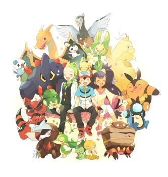 10s 1girl 2boys :3 antennae armor ash_ketchum axew baseball_cap beak bird black_eyes black_gloves black_hair black_pants blue_eyes blush boldore boulder bow bowtie brown_footwear charizard cilan_(pokemon) clam claws closed_eyes collar crossed_arms crustle crying dark_skin dragonite emolga excadrill fangs fingerless_gloves flower flying formal_clothes gen_1_pokemon gen_5_pokemon gloves green_eyes green_fur green_hair grey_eyes happy hat heart highres holding_hands hood hoodie horns iris_(pokemon) krookodile leaf leavanny leggings long_hair mei_(maysroom) multiple_boys nintendo one_eye_closed open_mouth oshawott palpitoad pansage pants petals pignite pikachu pink_footwear pink_skirt plant pocket pokemon pokemon_(anime) pokemon_(creature) pokemon_bw ponytail purple_hair red_eyes red_footwear red_headwear ribbon rock scraggy seed serious shell shirt shoes shy simple_background single_horn sitting skirt smile sneakers snivy stunfisk sunglasses tail tears third-party_edit thumbs_up tongue unfezant very_long_hair vest vines white_background white_headwear white_shirt wings wink yellow_eyes