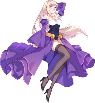 arm_behind_back artist_request bare_shoulders belt black_leotard black_shoes blonde_hair breasts brown_thighhighs cleavage full_body gold_belt high_heels juliet_sleeves large_breasts layered_skirt leotard long_hair long_skirt long_sleeves looking_at_viewer looking_to_the_side narrow_waist nexon official_art puffy_sleeves pumps purple_eyes purple_skirt purple_sleeves ribbed_leotard roamini second-party_source shoes showgirl_skirt sidelocks simple_background skirt smile split_mouth straight_hair strapless strapless_leotard swept_bangs tales_weaver thighhighs transparent_background underbust very_long_hair wide_sleeves