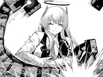 1girl a-kiraa_(whisper) absurdres blue_archive blush breasts closed_eyes closed_mouth collared_shirt commentary_request crying crying_with_eyes_open explosion greyscale halo headgear highres jacket long_hair long_sleeves mechanical_halo monochrome motion_lines necktie noa_(blue_archive) shirt smile tears twitter_username upper_body yesod_(blue_archive)