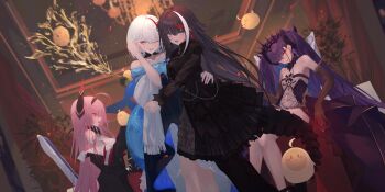 4girls absurdres admiral_graf_spee_(a_novel_anniversary)_(azur_lane) admiral_graf_spee_(azur_lane) antenna_hair azur_lane ballroom bare_shoulders black_choker black_crown black_dress black_gloves black_hair black_hairband black_horns black_pantyhose blue_dress blue_eyes blunt_bangs blush bow breast_strap breasts center_opening chain champagne_bottle choker cleavage cleavage_cutout clothing_cutout collarbone commentary_request cross cross-laced_clothes cross-laced_dress cross_earrings crown dated_commentary detached_collar deutschland_(azur_lane) deutschland_(demon_princess&#039;_dark_hour_banquet)_(azur_lane) dress earrings elbow_gloves felix_schultz_(azur_lane) fins fish_tail flat_chest frilled_dress frilled_sleeves frills frontless_outfit gloves gothic_lolita hair_between_eyes hair_flaps hair_on_horn hair_over_one_eye hair_tuft hairband hand_in_own_hair highres horns iron_cross jewelry kira_guil large_horns light_smile lolita_fashion long_hair long_sleeves looking_at_viewer manjuu_(azur_lane) mechanical_horns medium_breasts multicolored_hair multicolored_horns multiple_girls navel o-ring_dress o-ring_suspenders official_alternate_costume open_mouth pantyhose pink_hair prinz_rupprecht_(azur_lane) puffy_long_sleeves puffy_sleeves purple_eyes purple_hair red_eyes revealing_clothes see-through_clothes see-through_sleeves shark_tail shawl short_hair sidelocks sleeveless sleeveless_dress small_breasts stomach_cutout streaked_hair tail twintails two-tone_horns very_long_hair white_dress white_hair