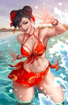 Rule 34 | 1girl, alternate color, artist request, bikini, bracelet, breasts, brown eyes, brown hair, capcom, chun-li, day, jewelry, large breasts, navel, ocean, official art, one eye closed, red bikini, salute, sand, smile, street fighter, sun, swimsuit, udon entertainment, water