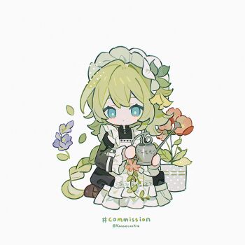 1girl apron black_dress blue_eyes braid bright_pupils brown_shoes chibi chibi_only closed_mouth commission double-parted_bangs dress flower flower_pot frilled_dress frilled_sleeves frills full_body green_hair hairband highres holding holding_watering_can kanae_(cookie) long_hair long_sleeves maid original red_flower shoes simple_background sitting solo twin_braids twitter_username watering_can white_apron white_background white_hairband white_pupils