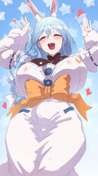 Rule 34 | 1girl, absurdres, animal ear fluff, animal ears, blue hair, braid, braided ponytail, breasts, closed eyes, heart, highres, hololive, large breasts, long hair, long sleeves, moai (moai 00 ), multicolored hair, open mouth, orange ribbon, paw pose, pekomama, rabbit ears, rabbit girl, ribbon, smile, solo, star (symbol), teeth, thick eyebrows, tongue, upper teeth only, virtual youtuber, white hair