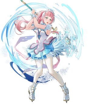 1girl aqua_eyes attack axe breasts cleavage cute_weapon dress feather_trim felicia_(fire_emblem) felicia_(ice)_(fire_emblem) fire_emblem fire_emblem_fates fire_emblem_heroes frost highres holding holding_axe holding_weapon ice_skates leggings light_brown_hair long_hair medium_breasts nintendo non-web_source official_alternate_costume official_art open_mouth ponytail sideboob skates solo tutu v-shaped_eyebrows weapon white_dress white_leggings