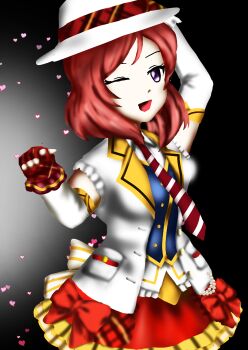 Rule 34 | 1girl, ;), artist name, artist request, back bow, bare shoulders, blush, bow, breasts, checkered gloves, collared shirt, dress, elbow gloves, female focus, gloves, hair between eyes, hat, heart, highres, holding, holding unworn clothes, holding unworn hat, jacket, jewelry, looking at viewer, love live!, love live! school idol festival, love live! school idol festival after school activity, love live! school idol project, necktie, nishikino maki, one eye closed, parted lips, purple eyes, red bow, red gloves, red hair, red necktie, red skirt, shirt, short hair, sirjonesiii, skirt, small breasts, smile, solo, striped clothes, striped necktie, unworn hat, unworn headwear, white bow, white hat, white jacket, yellow skirt