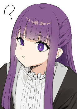 1girl ? absurdres black_coat blunt_bangs breasts coat dress fern_(sousou_no_frieren) highres long_hair long_sleeves looking_at_viewer medium_breasts open_clothes open_coat pout purple_eyes purple_hair sidelocks sky-freedom solo sousou_no_frieren white_dress