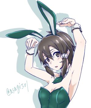 1girl alternate_costume animal_ear_hairband animal_ears armpits arms_up artist_name asada_shino asagi501 bare_arms bare_shoulders breasts brown_eyes brown_hair cleavage collarbone commentary_request detached_collar double-parted_bangs drop_shadow fake_animal_ears green_leotard green_necktie hair_between_eyes hair_ribbon hairband highres leotard light_blush looking_at_viewer medium_hair messy_hair necktie playboy_bunny rabbit_pose ribbon simple_background small_breasts solo strapless strapless_leotard sword_art_online twitter_username variant_set watermark white_background white_hairband white_ribbon white_wrist_cuffs wing_collar wrist_cuffs