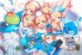 1girl 7tungsten bare_shoulders blonde_hair blue_dress blue_eyes blue_hat blue_one-piece_swimsuit blue_shirt blue_sleeves bright_pupils collared_shirt commentary_request controller cross-shaped_pupils dress elbow_gloves flat_chest game_console game_controller gamecube gloves grin hair_ornament hair_scrunchie hairband handheld_game_console hat headset highres holding holding_controller holding_game_controller holding_handheld_game_console innertube layered_sleeves long_hair long_sleeves multiple_views nintendo_ds nintendo_switch_2 one-piece_swimsuit one_eye_closed outstretched_arm own_hands_together pants pink_scrunchie rta-chan rta_in_japan scrunchie see-through_clothes see-through_sleeves shirt short_over_long_sleeves short_sleeves sleeveless sleeveless_dress smile swim_ring swimsuit symbol-shaped_pupils tiara twintails v very_long_hair visor_cap white_gloves white_hairband white_pants white_pupils wii_remote