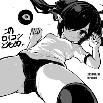 1girl 3: ahoge backbeako_(torotei) backbeard blush breasts buruma closed_mouth commentary dated dated_commentary from_below gegege_no_kitarou greyscale gym_shirt hair_over_one_eye hair_ribbon hands_up kono_lolicon_domome loli long_hair looking_at_viewer lying monochrome on_back original paid_reward_available pointy_ears ribbon shirt short_sleeves simple_background small_breasts solo thighhighs torotei translated twintails watermark web_address white_background