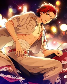 1boy bandaged_torso belt belt_buckle black_hair breast_pocket buckle coat collared_shirt ear_piercing earrings ensemble_stars! fingernails game_cg green_eyes grey_pants happy_elements jewelry kiryu_kuro kouha_(ensemble_stars!) looking_at_viewer male_focus multicolored_hair necklace official_art open_clothes open_coat outstretched_hand pants parted_lips piercing pocket red_hair ring ring_necklace shirt short_hair solo streaked_hair stud_earrings third-party_source two-tone_hair