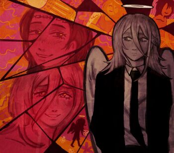 Rule 34 | 1boy, 1girl, angel, angel devil's lover, angel devil (chainsaw man), angel wings, beach, blush, chainsaw man, formal clothes, hair between eyes, halo, highres, limited palette, long hair, remembering, sk8rrr, smile, spoilers, stained glass, suit, sunset, wings