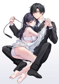 1boy 1girl animal_collar azuma_miyuki black_hair black_suit blue_eyes bra business_suit chain chain_leash clothes_down collar collared_shirt commentary_request dot_nose formal_clothes hetero highres holding holding_hands holding_leash kyapefuro leash leash_pull long_hair looking_at_viewer majime_na_kouhai_kara_kairaku_zeme_sareru_nante_kiitenai! necktie off_shoulder original panties purple_eyes salaryman shirt short_hair sorimachi_shiori speech_bubble suit sweat underwear white_bra white_panties white_shirt